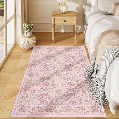 DUKINO 3x5 Rug, Washable Vintage Floral Bedroom Area Rug Non Slip, Pink by DUKINO