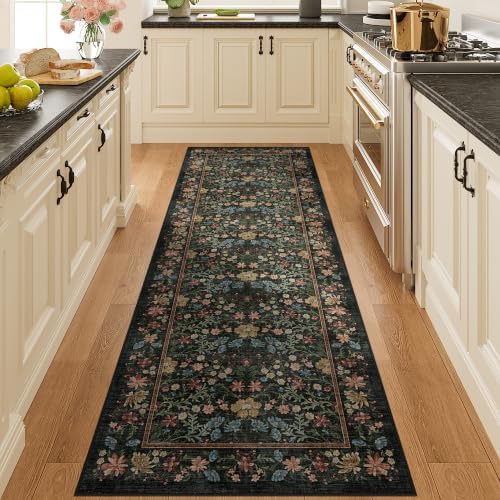 DUKINO 2x6 Runner Rug, Washable Vintage Floral Kitchen Rug, Black by DUKINO