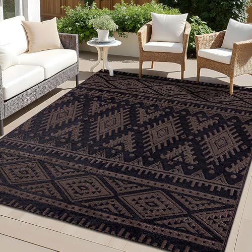 OLANLY Outdoor Rug 5x8 ft Waterproof Reversible Boho Mat, Black & Brown by OLANLY