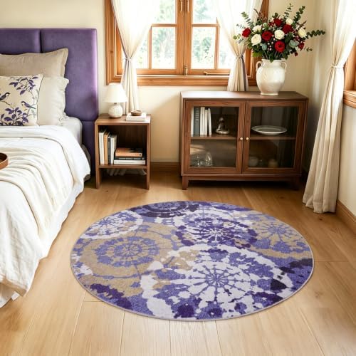 Round Area Rugs 4ft, Washable Non-Slip Modern Boho Low Pile Circle Rug - Image 2