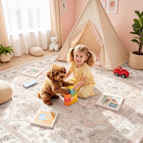 5x7 Washable Nursery Rug, Cute Pink Non-Slip Rugs for Bedroom Girls - Image 5
