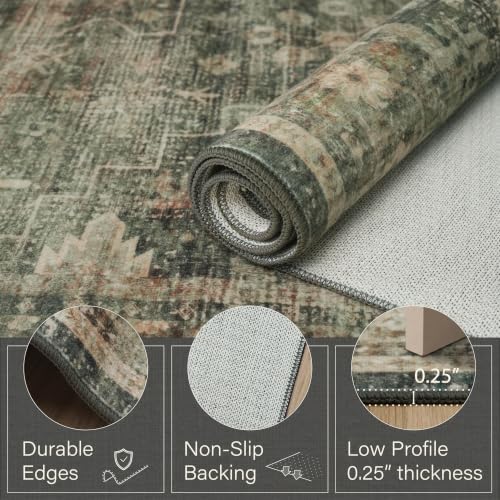 Moss Green 10x14 Extra Large Area Rug for Living Room, Vintage Washable Boho Dark Academia Distressed Geometric Floral Rug for Bedroom & Dining Room, Non-Slip Low Pile Stain Resistant - Image 4
