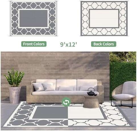 GENIMO Outdoor Rug, Waterproof Plastic Rugs for Patio, 9'x12' Grey White - Image 4