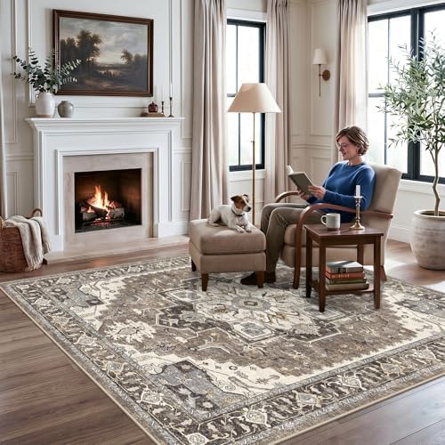 Washable Living Room Area Rug 5x6: Indoor Entryway Kitchen Rugs with Non-Slip Rubber Backing Large Vintage Stain Resistant Bedroom Carpet Non-Shedding Soft Thin Floor Mat for Dining Room(Beige,5x6) - Image 2