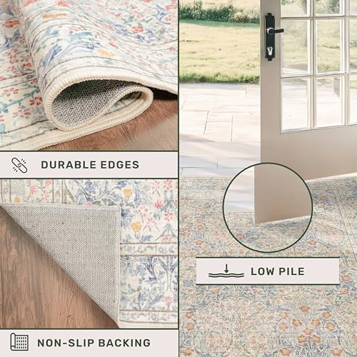 Vintage Beige Blue 2'6" x 8' Runner Rug for Hallway, Kitchen, Bathroom, Entryway Indoor, Washable Non Slip Rubber Backing Stain Resistant - Botanical Home Decor - Image 4