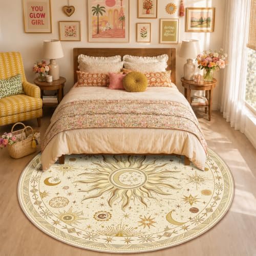 Vacuum-Friendly, Round 8ft Washable Area Rug, Beige Camel Brown by meejou
