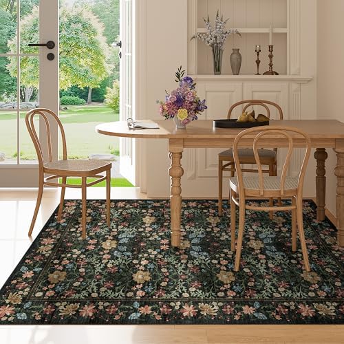 DUKINO 3x5 Rug, Washable Vintage Floral Bedroom Area Rug Non Slip, Black - Image 5