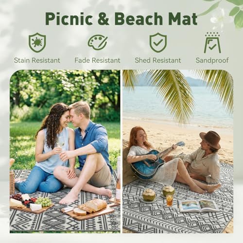 MontVoo Outdoor Rug Carpet Waterproof 10x14 Outdoor Patio Rug Mat Reverisble Plastic Straw Outdoor Rugs for RV Camping Picnic Beach Balcony Boho Grey Large - Image 5