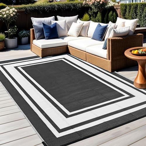 RURALITY Outdoor Rug 9x12 Waterproof for Patio Clearance,Large Plastic Straw Mat for Camping,Porch,RV,Reversible,Black and White - Image 4