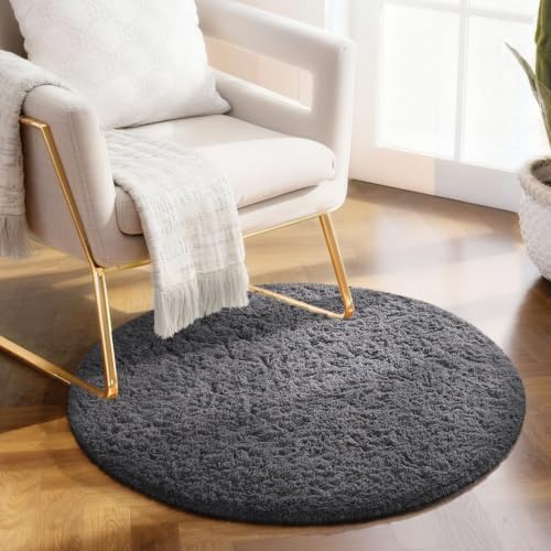 Ophanie Round Rug 2Ft Grey Circle Area Rug, Fluffy Fuzzy Bedroom Carpet, Plush Soft Shaggy Indoor Floor Gray Living Room Rugs for Kids Home Decor Aesthetic, Nursery by Ophanie