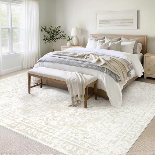 Vintage Living Room Area Rug - 8x10 Large Machine Washable Boho Area Rug Distressed Floral Rugs for Bedroom, Soft Non-Slip Indoor Floor Accent Rugs for Office Dining Room (Cream Beige, 8'x10') - Image 5