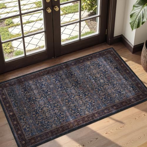 Washable Small Door Rug 2'x4', Vintage Old Money, Dark Blue by Jainmy