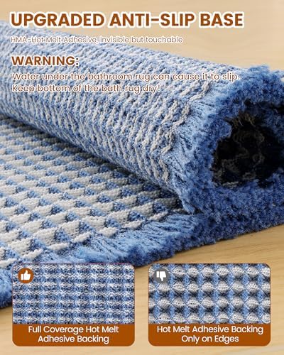 Smiry Waffle Bath Mat 47X24, Soft Absorbent Bathroom Rugs, Blue & Cream - Image 5