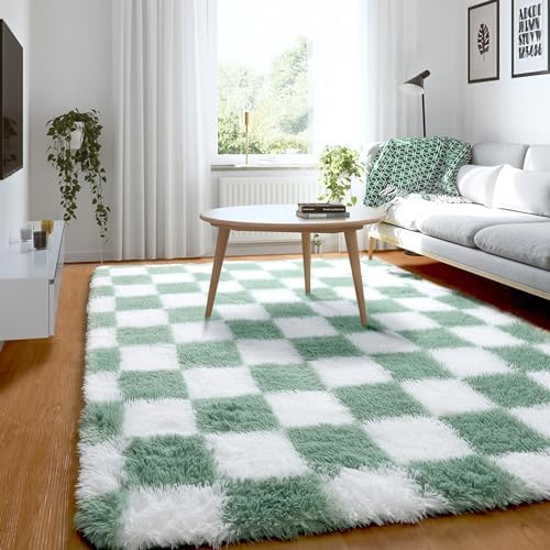 KICMOR Rugs for Bedroom Living Room, 3x5 Fluffy Soft Checkered Shag Area Rug Fuzzy Shaggy Plush Bedside Small Carpet, Sage Green and White Rug for Kids Boys Girls Dorm Nursery Home Decor Aesthetic - Image 3