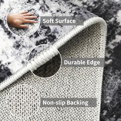 2x6 Washable Runner Rugs for Hallway: Easy-to-Clean Abstract Runners for Entryway Bedroom - Stain and Water Resistant Rugs with Non-Slip Backing - Soft Low-Pile Carpet Black Grey - Image 5