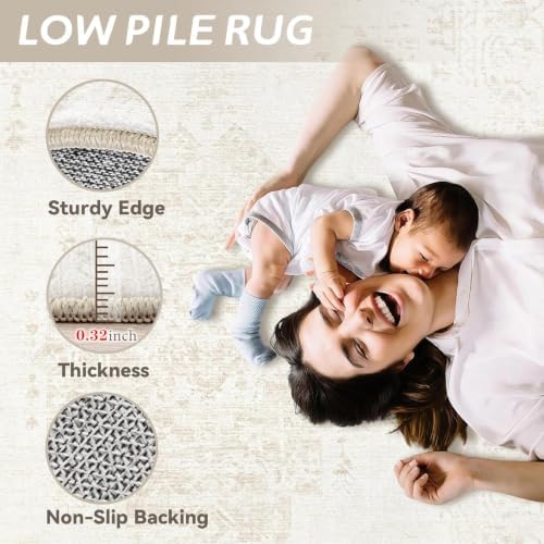 6x9 Area Rugs for Living Room: Washable Vintage Large Retro Rug Soft Non-Slip Indoor Low Pile Carpet for Bedroom Dining Room Nursery Office (Beige, 6'x9') - Image 3