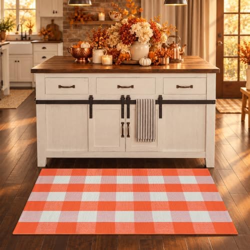 Orange and White Plaid Rug, 24'' x 51'' Fall Front Door Decor Mat, Cotton Washable Hand-Woven Door mat for Layered Doormat, Autumn Halloween Thanksgiving Carpet for Porch, Entryway - Image 4
