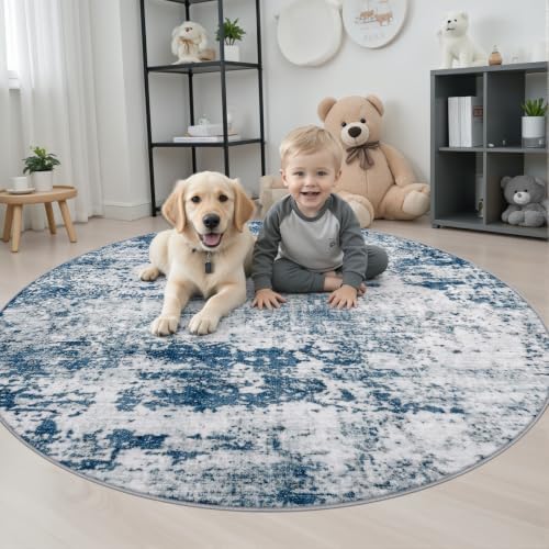 Round Area Rug Living Room: 4 ft Modern Washable Carpet Blue - Image 3