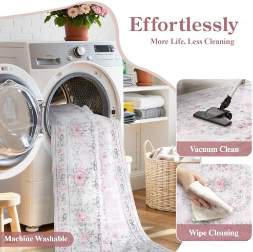 Wonnitar Floral Bow Pink Rug for Bedroom, Washable 5x7 Area Rug for Girls Nursery, Ultra-Thin Non Slip Soft Boho Carpet for Kids Room Dorm Living Room, Light Pink - Image 6