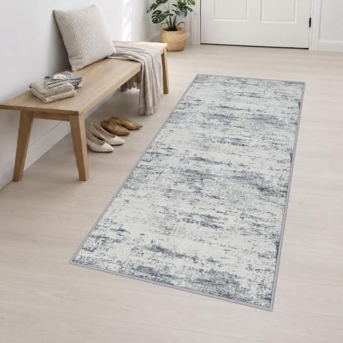 3x8 Washable Runner Rug：Modern Abstract Soft Carpet Blue Grey - Image 3