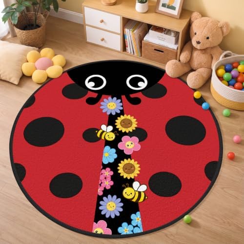 Ladybug Round Kid Rug, Red Soft Washable Non Slip Carpet for Girls Room by BACDOILQ