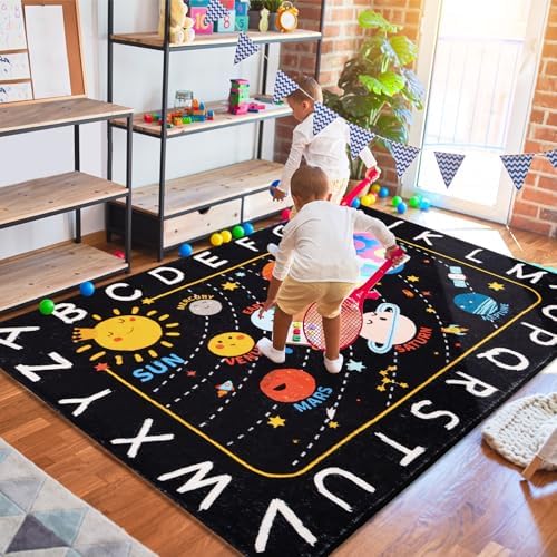 Outer Space Kids Rug,6'7" x 9'2" ABC Alphabet Educational Kids Rugs for Playroom,Non Slip Solar System Galaxy Planets Playroom Rug,Washable Area Rug Carpet for Classroom Kid Room Decor(for Age 2+) - Image 5