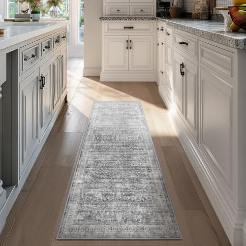 Grey 2x6 Runner Rug for Hallways Entryway, Vintage Neutral Kitchen Bathroom Runner 6ft, Non Slip Washable Low Pile Thin Carpet Runner for Mudroom/Laundry Room/Bedroom Bedside - Image 3