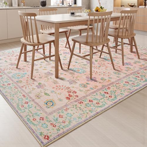 Goideal Pale Pink Rug for Girls Room, 5x7 Floral Washable Area Rug Non Slip, Boho Low Pile Carpet with Rubber Backing for Bedroom Living Room Bathroom Playroom Nursery Office - Image 4