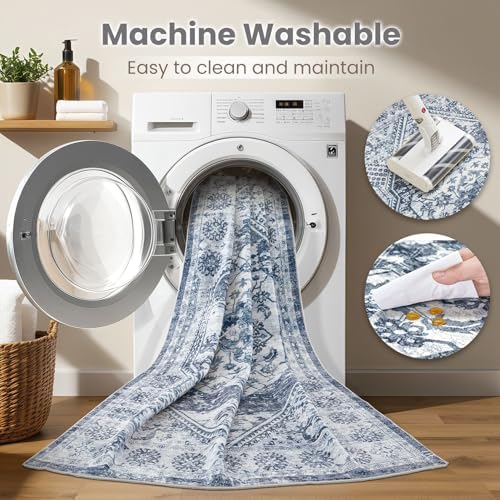 cotiled 5x7 Area Rug for Living Room, Washable, Traditional, Distressed Blue - Image 2