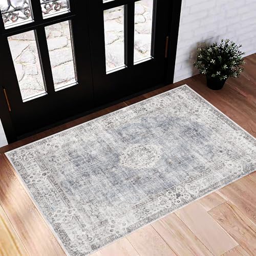 CHAMPLANT Washable Area Rug 2'x3' Door Mat Vintage Distressed Doormat Indoor Entrance Traditional Thin Rug Floral Print Non Slip Carpet for Kitchen Bathroom Bedroom Living Room by CHAMPLANT