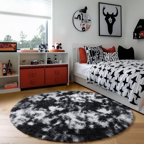 Amdrebio Black White Grey Plush Round Area Rug 6Ft for Living Room Bedroom - Image 3