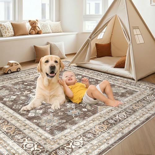 cotiled 9x9 Area Rug for Living Room, Washable, Traditional, Dark Brown - Image 4