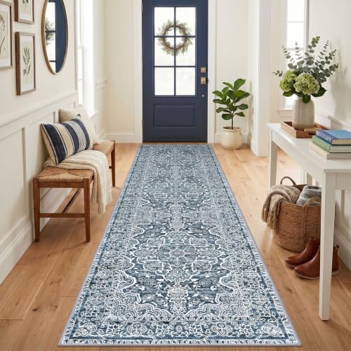 KUTA Vintage Washable Runner Rug 3x12 Wide Hallway Kitchen Rugs Blue White by KUTA