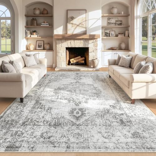 Area Rug 8x10 Vintage Rugs: Large Washable Indoor Medallion Rug Low Pile Distressed Floor Carpet Retro Accent Rugs for Living Room Bedroom Kitchen Dining Table Home Office(Grey, 8'x10') by ZomfyRugs