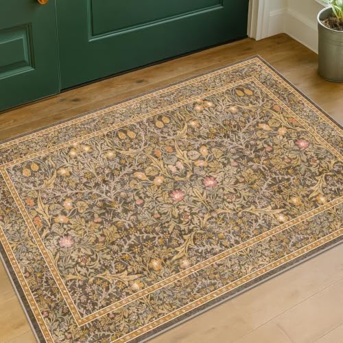 Brown Washable Entry Rug - Front Door Throw Rugs Indoor, Non-Slip Bathroom Small Rugs, Vintage Floral Thin Rug for Kitchen, Boho Earthy Entryway Décor (2x3 Gold Brown) by HazoHaus