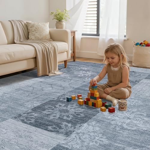 UERMEI 5x7 Area Rug for Living Room - Washable Vintage Carpet, Non-Slip Soft Large Indoor Floor Rugs for Bedroom Home Office & Under Dining Table Decor, Blue Block - Image 5