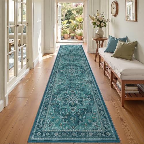 Washable Hallway Runner Rug 2'x10', Vintage Medallion, Boho Teal by Jainmy