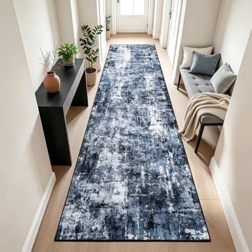 Rugflix 3x12 Runner Rug for Hallway, Washable Navy Blue Long Runners by RugflixAreaRugs