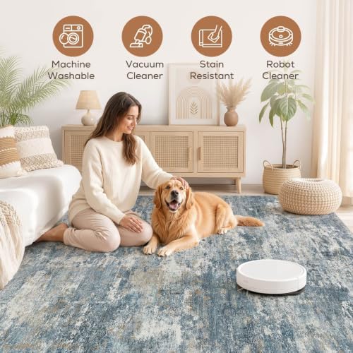 Nakagishi 6x9 Area Rugs Living Room: Washable Abstract Large Neutral Soft Rug Stain Resistant Modern Indoor Floor Non-Slip Carpet for Bedroom Nursery Kids Playroom Office Dining Room Dorm-Blue Brown - Image 3
