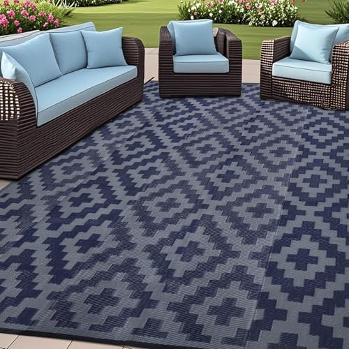 SAND MINE Reversible Mats, Plastic Straw Rug, Modern Area Rug, Large Floor Mat and Rug for Outdoors, RV, Patio, Backyard, Deck, Picnic, Beach, Trailer, Camping (6' x 9', Blue Grey Lattice) by SANDMIND