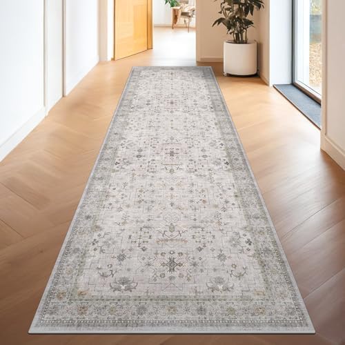 Hazo Haus Washable Light Gray & Sage 2'6"x8' Wide Runner Rugs for Kitchen, Boho Bathroom Rug, Non-Slip & Stain Resistant Long Floor Hallway Rug, Vintage Neutral Floral Décor - Image 6
