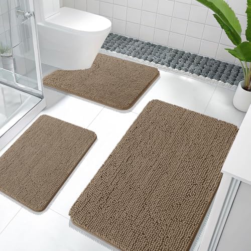 OLANLY Chenille Bathroom Rugs Sets 3 Piece, 36"x24"+24"x16"+24"x20", Tan by OLANLY