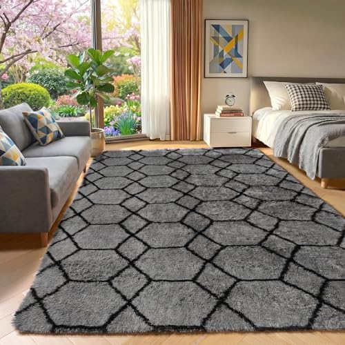 5x7 Area Rugs for Living Room Bedroom, Fluffy Grey and Black Geometric Rug - Image 6