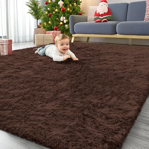 OLANLY 8x10 Machine Washable Large Area Rugs for Living Room, Bedroom, Soft Fluffy Shaggy Bedside Rug, Indoor Floor Carpet for Kids Girls and Boys, Dorms, Nursery, Home Decor Aesthetic, Coffee by OLANLY