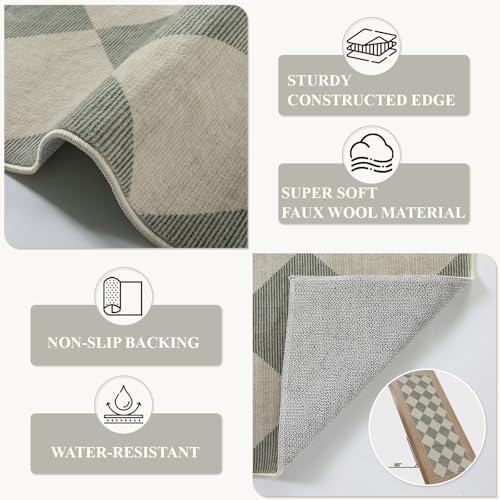 Beeiva Checkered Print Kitchen Runner Rugs Non Skid Washable 2.5x8, Ultra Thin Low Pile Green Runners for Hallways 8ft, Geometric Farmhouse Floor Carpet for Bedroom Entryway, Modern Plaid Home Decor - Image 6