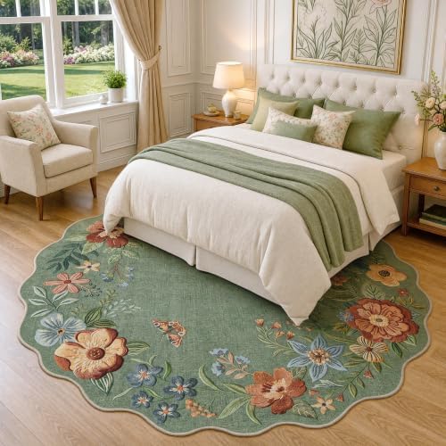 FMFUNCTEX 5ft Round Washable Sage Green Scalloped Area Rug for Living Room - Image 2
