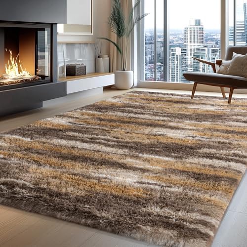 4x6 Abstract Brown Fluffy Rug for Bedroom Living Room Washable Non-Slip by WISHTREE