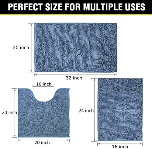 Bathroom Rugs Chenille 3-Piece Extra Soft and Absorbent Shag Bathroom Rugs, Machine Wash Mat, Strong PVC Non-Slip Underside, Plush Carpet Mats (Deep Blue) - Image 2