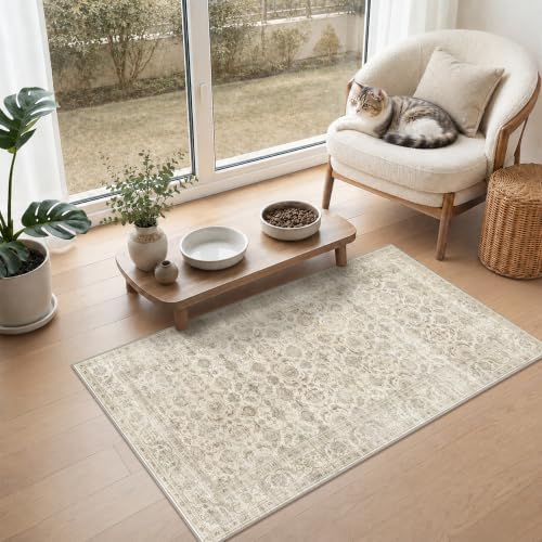 JOOJA 2x4 Beige Vintage Floral Low Pile Non Slip Washable Boho Runner Rug - Image 3