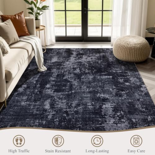 Sasttie 6x9 Washable Area Rug, Modern Abstract Carpet, Black & Grey - Image 2